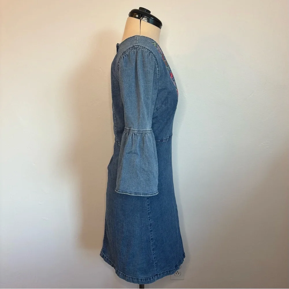 Vintage floral embroidered denim mini dress with bell sleeves